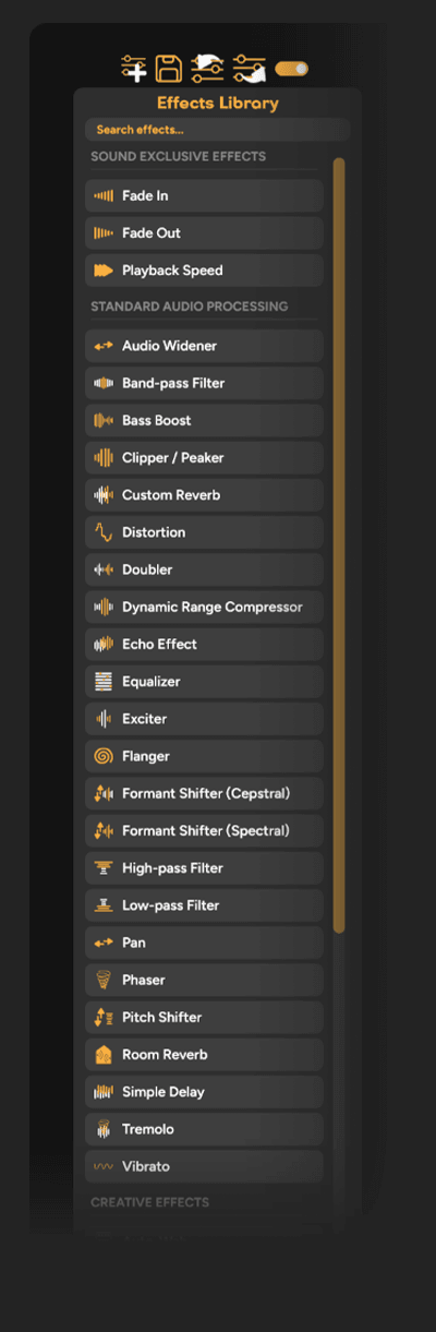 The Effects Library list of effects in SmoredBoard