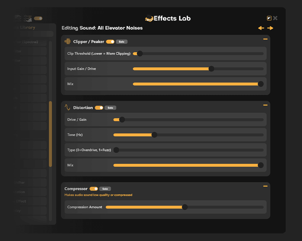 Clipper, distortion, and compressor settings for a low quality sound in the Effects Lab