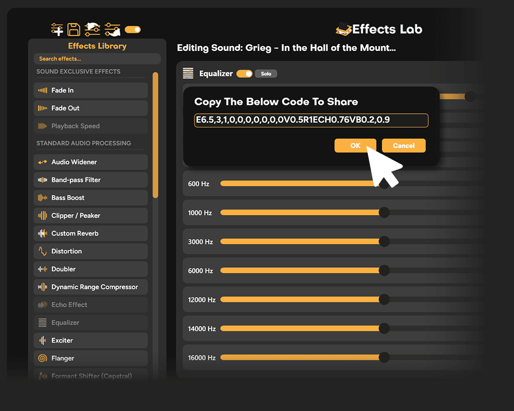 Copying a share code for an effect in the Effects Lab